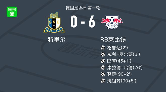RB莱比锡6-0狂胜特里尔,努萨建功,班祖齐1传1射
