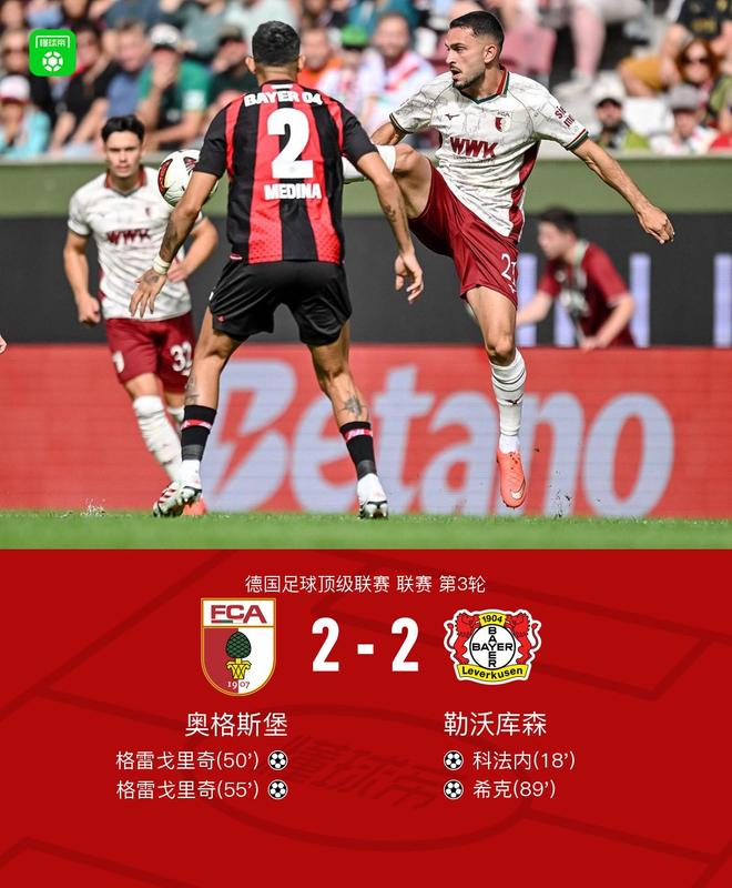 奥格斯堡2-2勒沃库森,格雷戈里奇双响,科法内建功